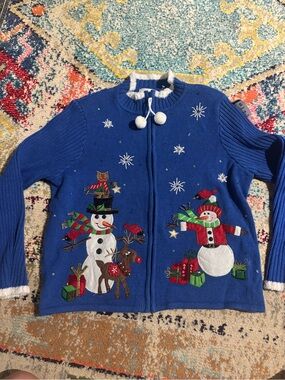NWT Carly St Claire Designer Blue Holiday Snowman & Reindeer Zip Cardigan